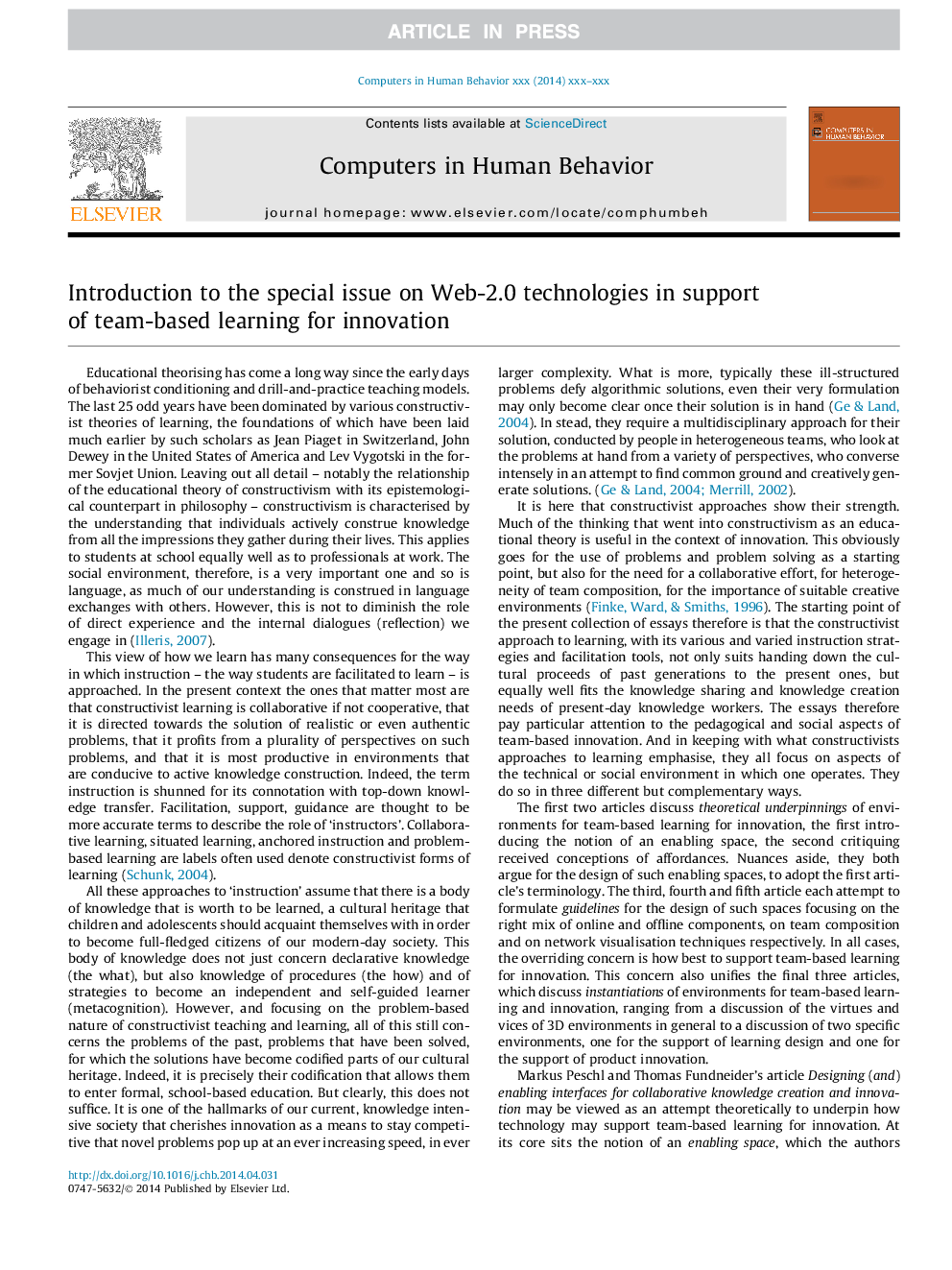 Introduction to the special issue on Web-2.0 technologies in support of team-based learning for innovation