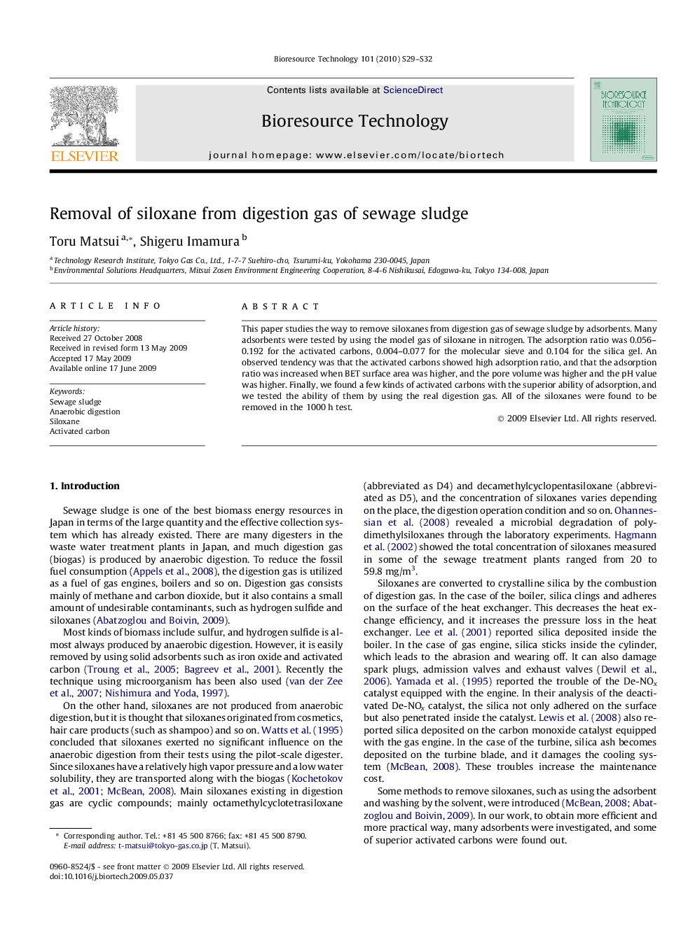عکس صفحه اول مقاله: Removal of siloxane from digestion gas of sewage sludge Removal of siloxane from digestion gas of sewage sludge