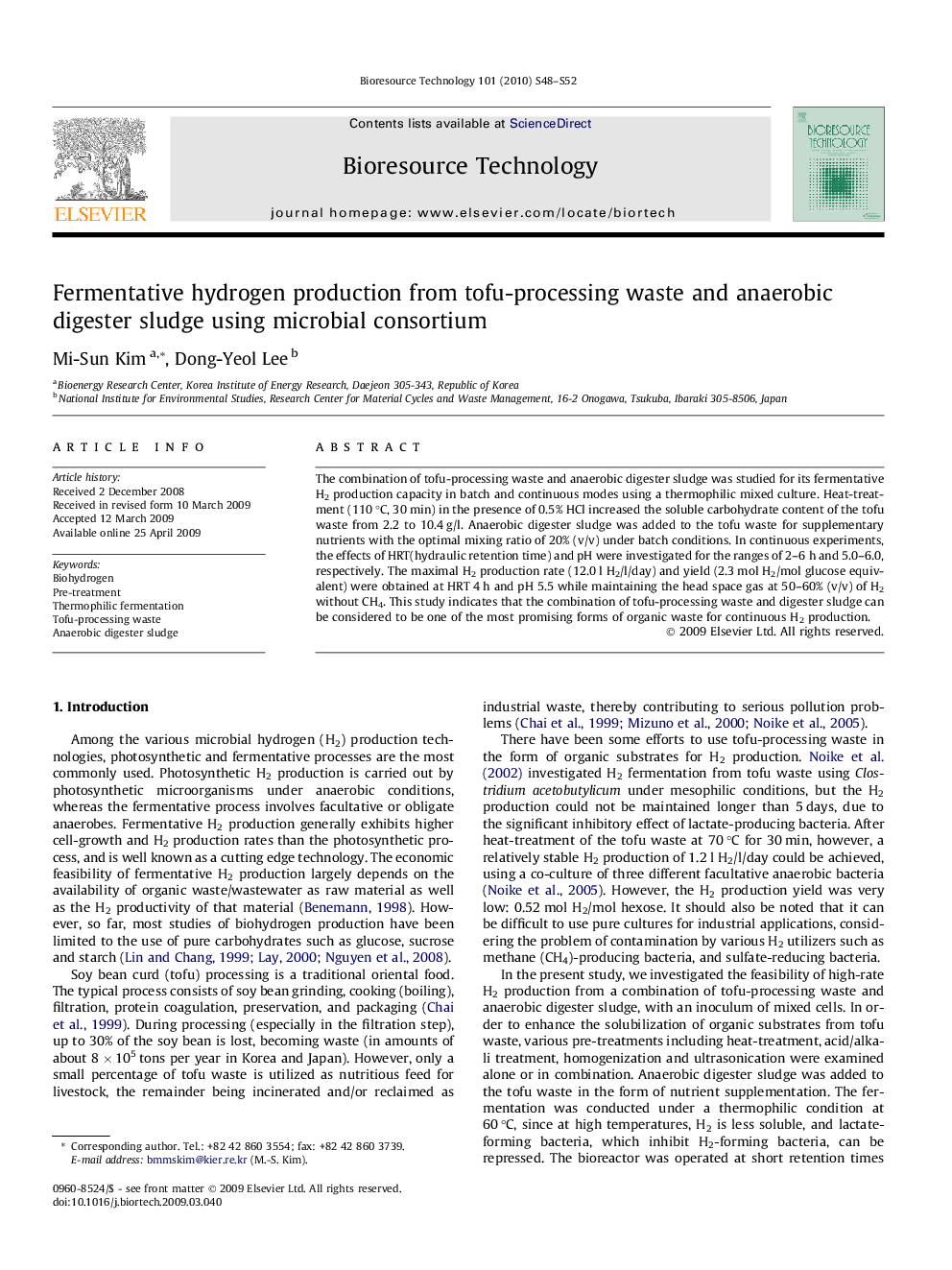 Fermentative hydrogen production from tofu-processing waste and anaerobic digester sludge using microbial consortium