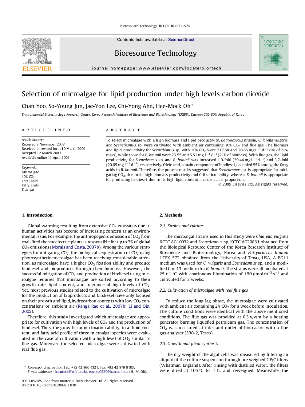 Selection of microalgae for lipid production under high levels carbon dioxide