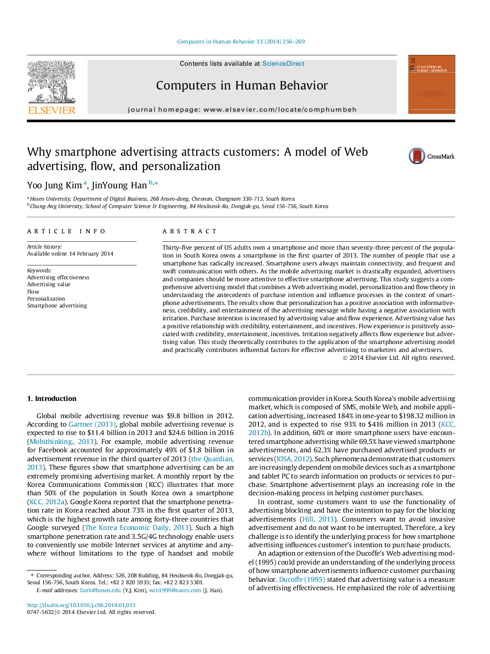 Why smartphone advertising attracts customers: A model of Web advertising, flow, and personalization