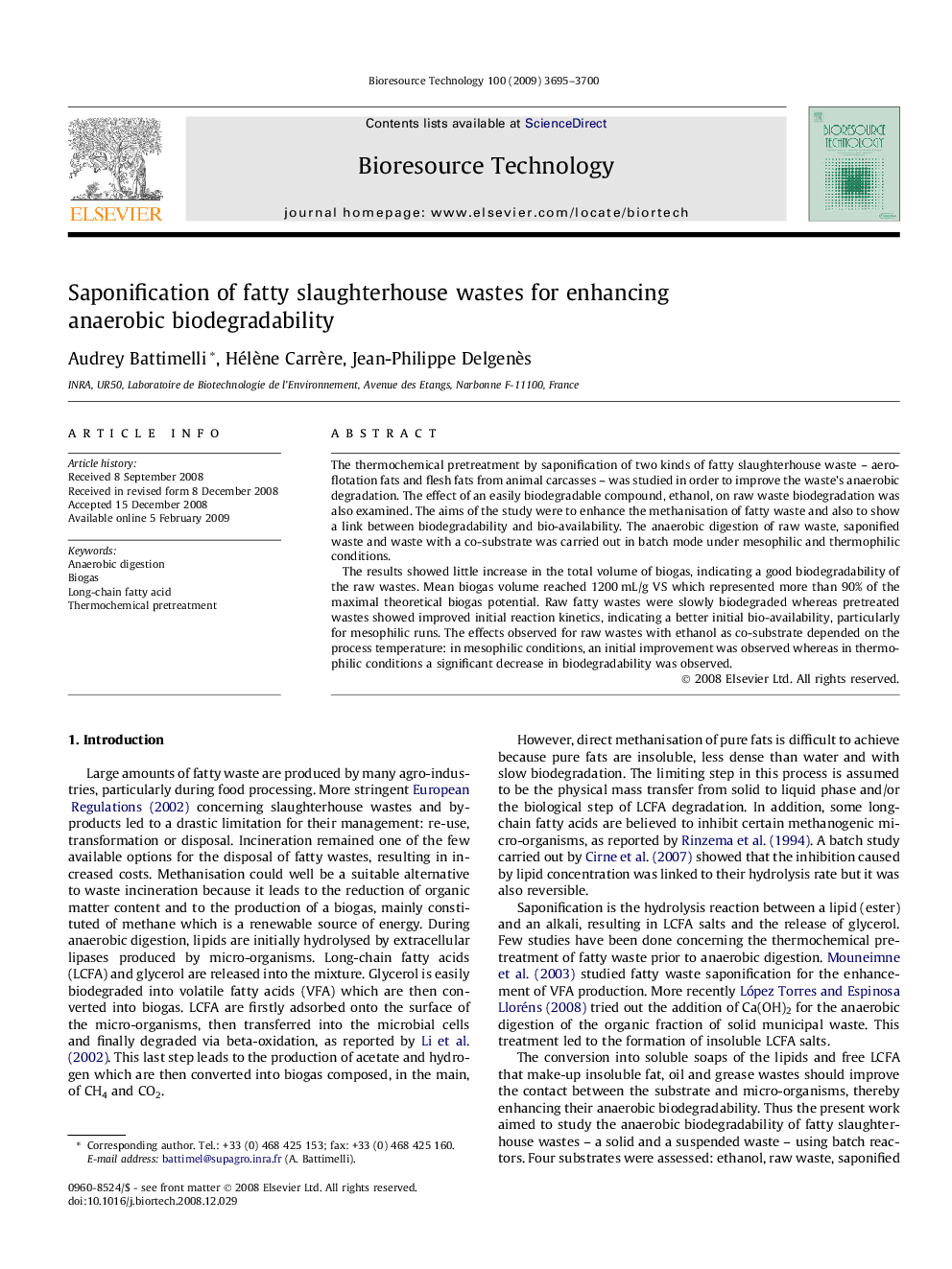 Saponification of fatty slaughterhouse wastes for enhancing anaerobic biodegradability