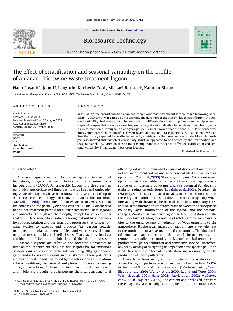 عکس صفحه اول مقاله: The effect of stratification and seasonal variability on the profile of an anaerobic swine waste treatment lagoon The effect of stratification and seasonal variability on the profile of an anaerobic swine waste treatment lagoon