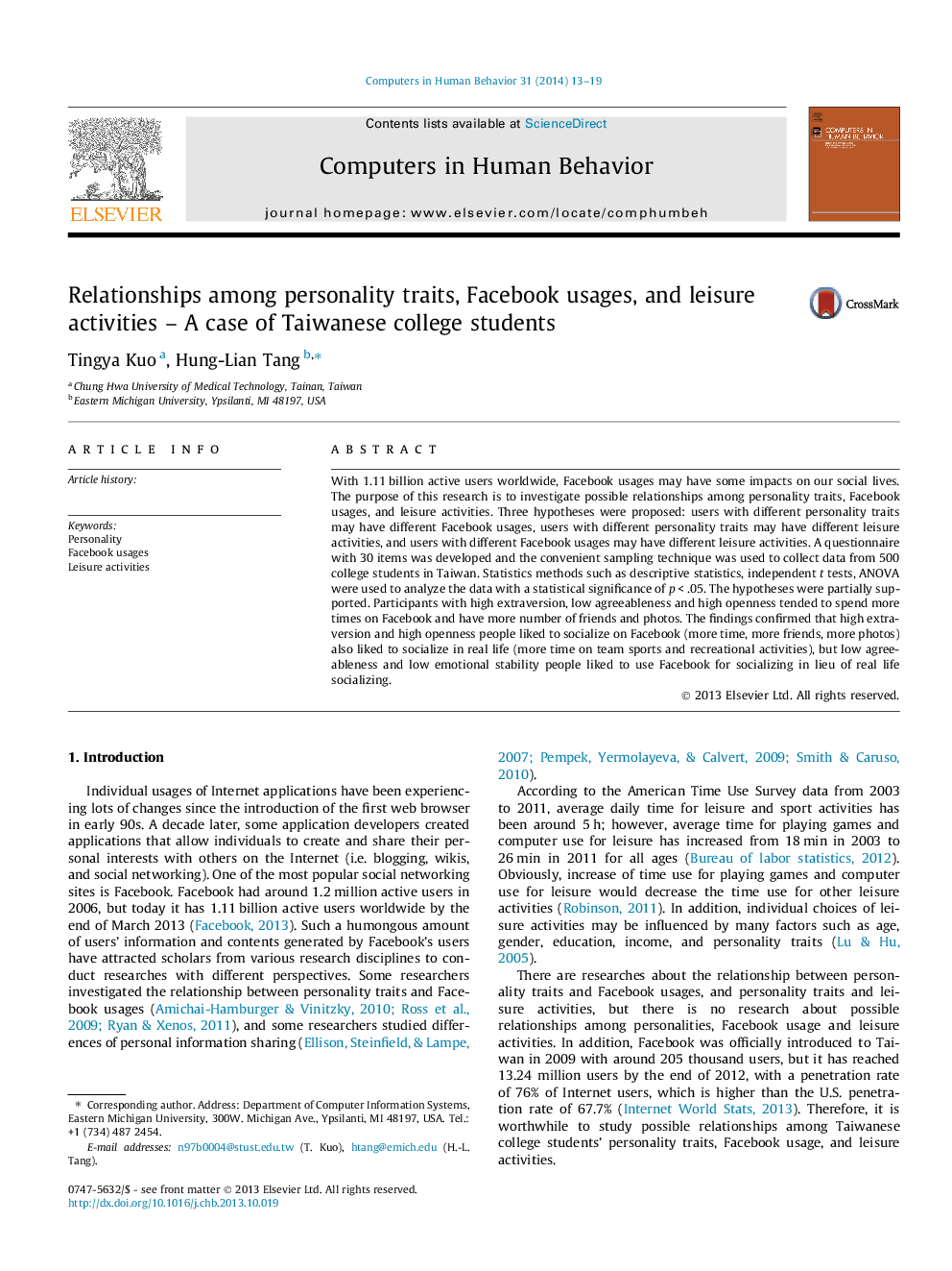 Relationships among personality traits, Facebook usages, and leisure activities - A case of Taiwanese college students