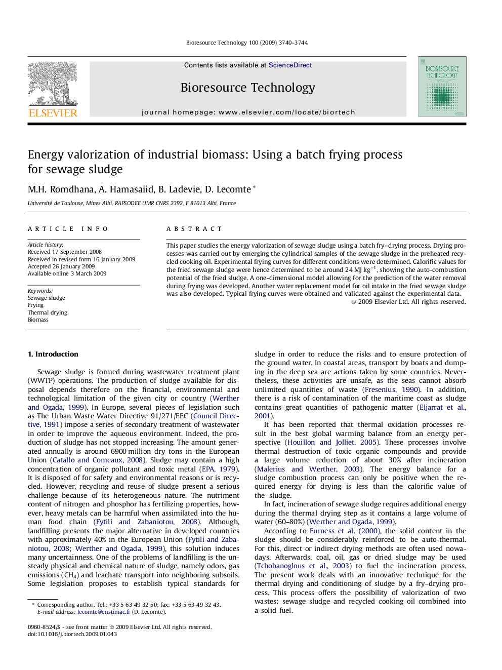 Energy valorization of industrial biomass: Using a batch frying process for sewage sludge