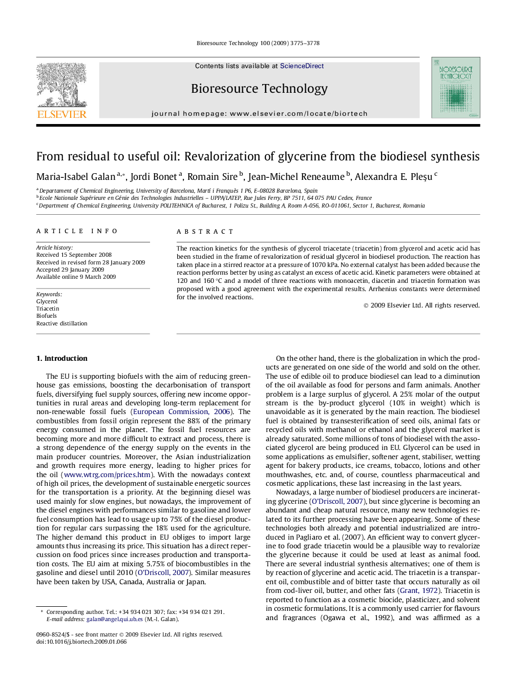 From residual to useful oil: Revalorization of glycerine from the biodiesel synthesis