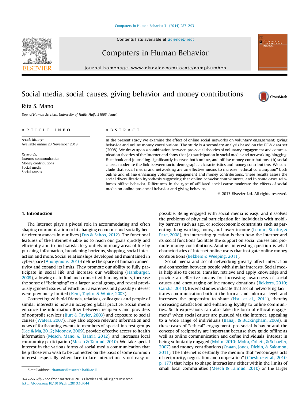 Social media, social causes, giving behavior and money contributions