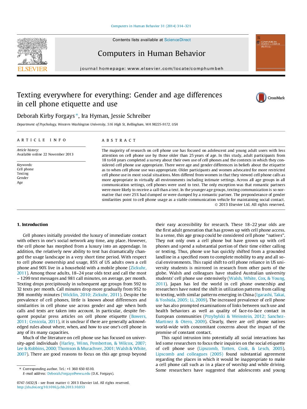 Texting everywhere for everything: Gender and age differences in cell phone etiquette and use