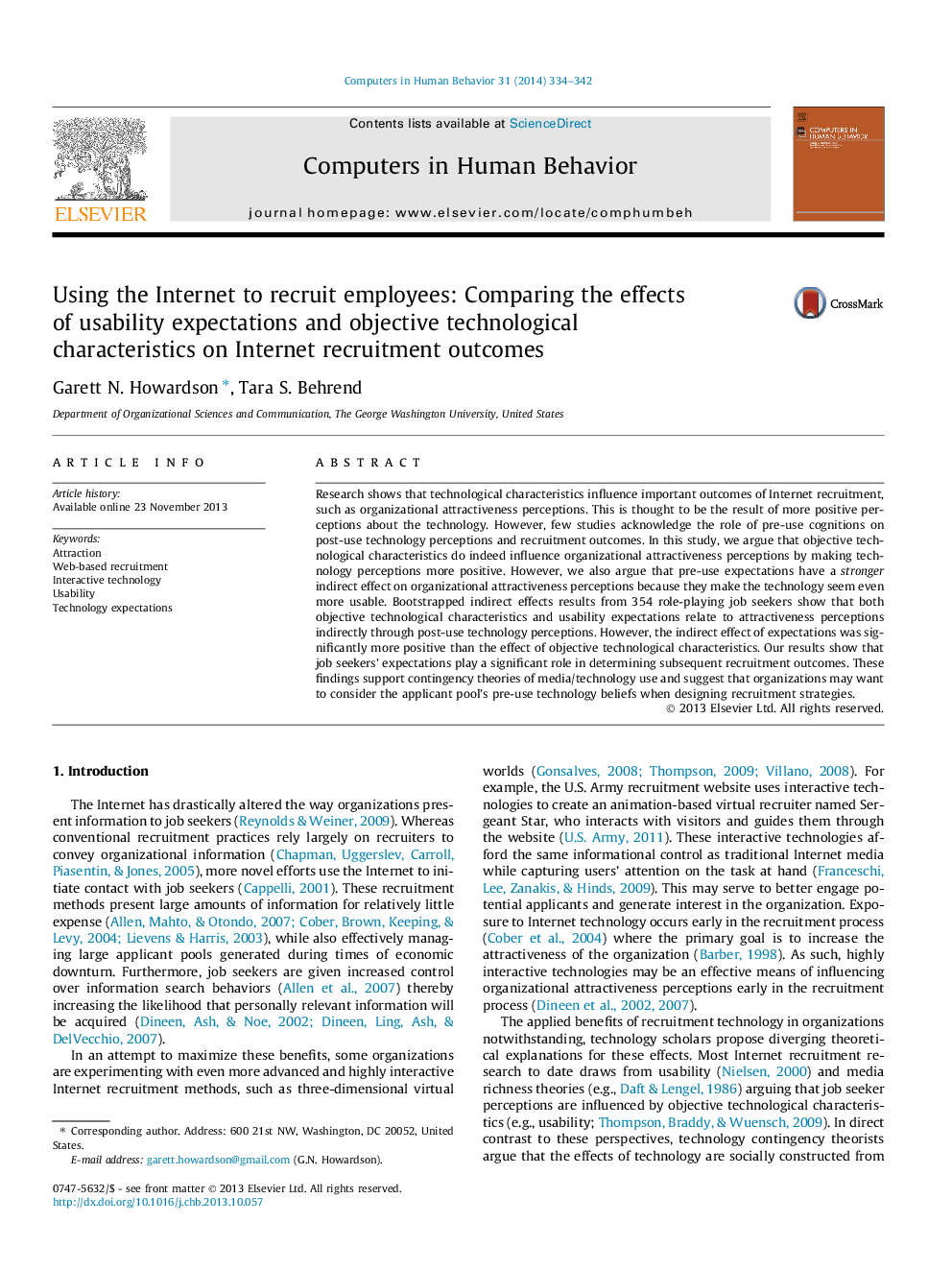 Using the Internet to recruit employees: Comparing the effects of usability expectations and objective technological characteristics on Internet recruitment outcomes