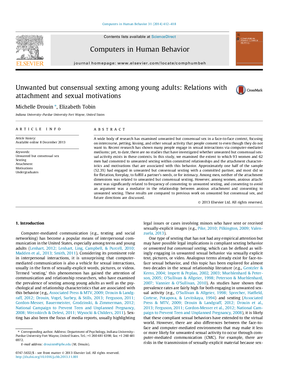 Unwanted but consensual sexting among young adults: Relations with attachment and sexual motivations