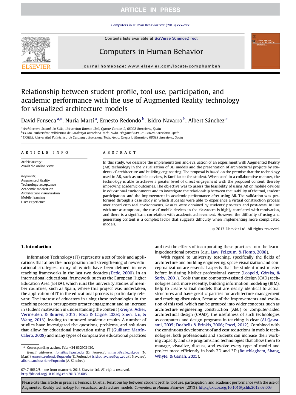 Relationship between student profile, tool use, participation, and academic performance with the use of Augmented Reality technology for visualized architecture models