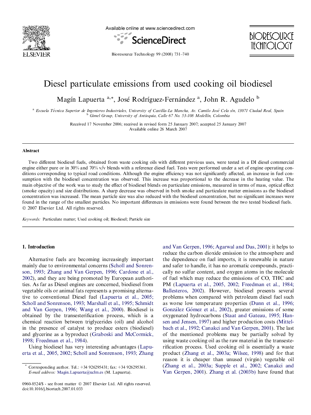 Diesel particulate emissions from used cooking oil biodiesel