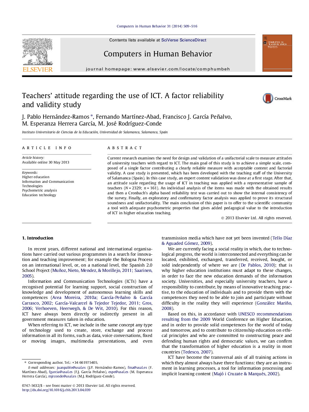 Teachers' attitude regarding the use of ICT. A factor reliability and validity study