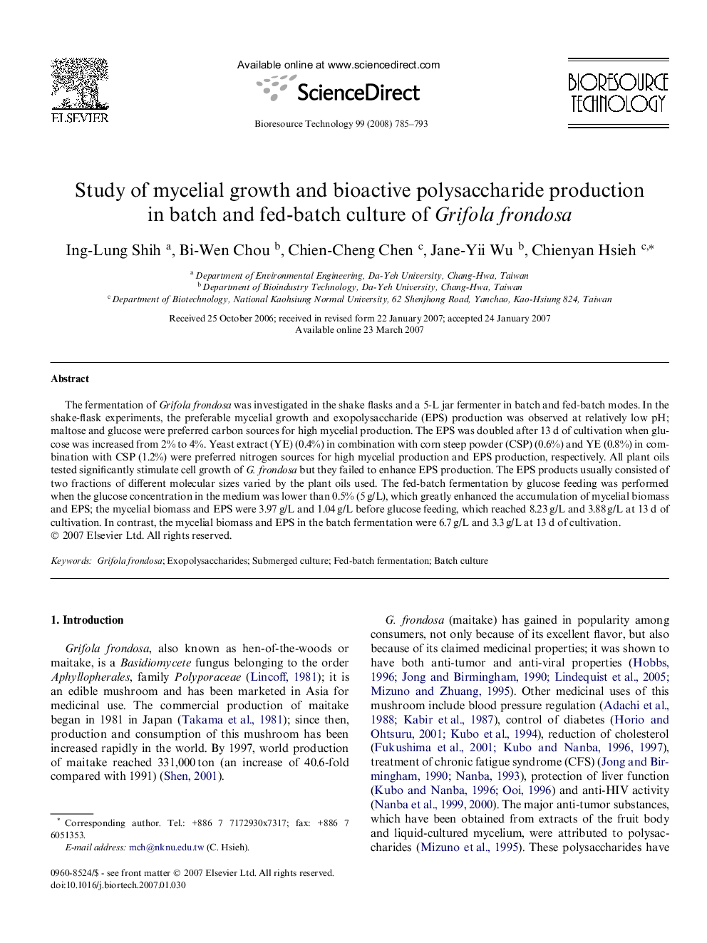 Study of mycelial growth and bioactive polysaccharide production in batch and fed-batch culture of Grifola frondosa