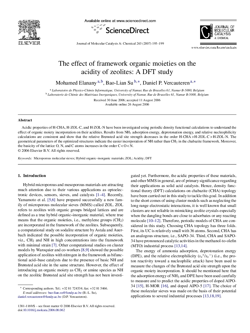 The effect of framework organic moieties on the acidity of zeolites: A DFT study