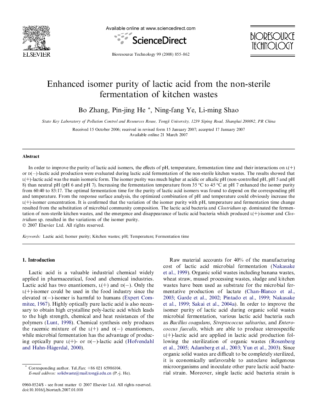 Enhanced isomer purity of lactic acid from the non-sterile fermentation of kitchen wastes