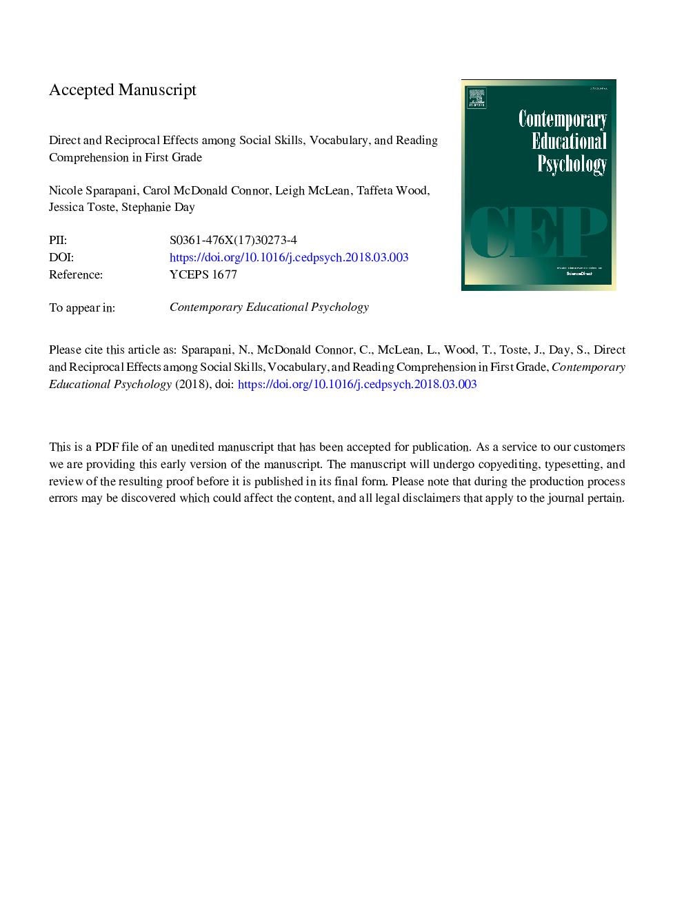 Direct and reciprocal effects among social skills, vocabulary, and reading comprehension in first grade