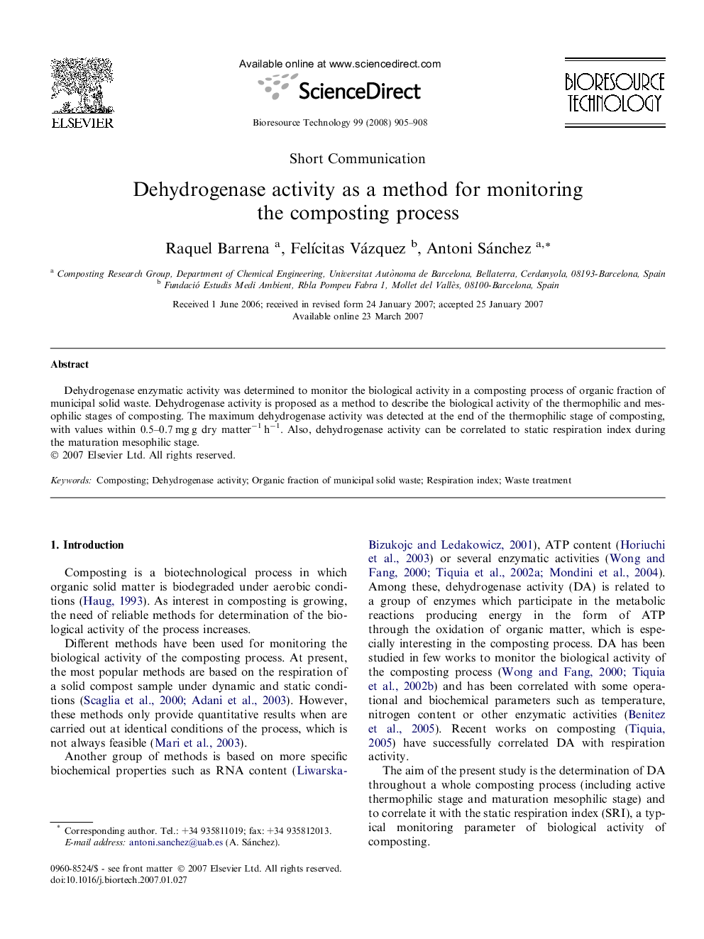 Dehydrogenase activity as a method for monitoring the composting process