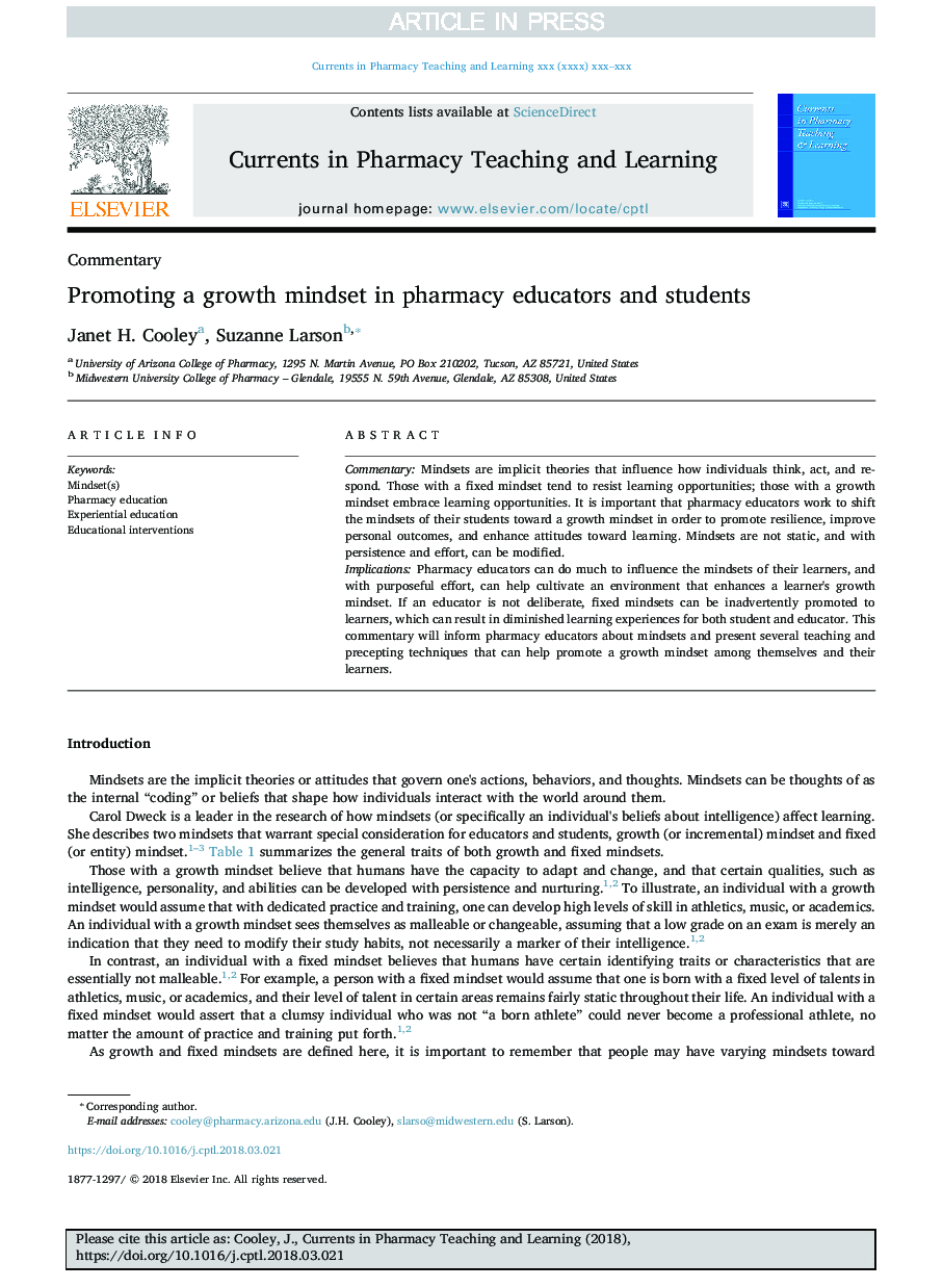 Promoting a growth mindset in pharmacy educators and students