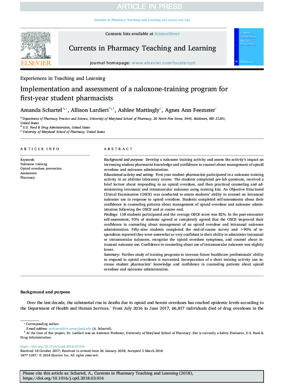 Implementation and assessment of a naloxone-training program for first-year student pharmacists