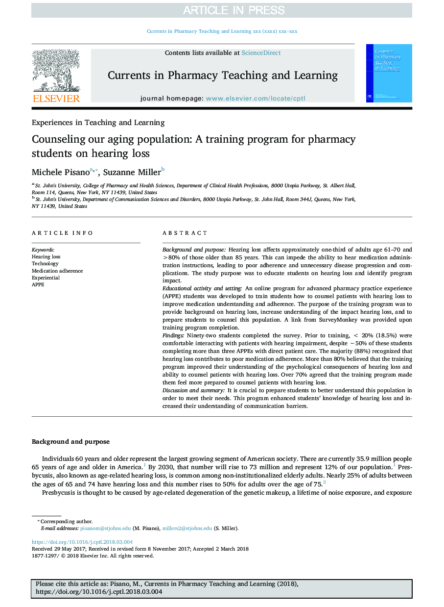 Counseling our aging population: A training program for pharmacy students on hearing loss