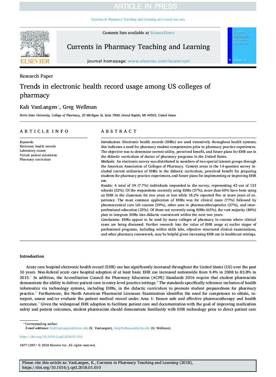 Trends in electronic health record usage among US colleges of pharmacy