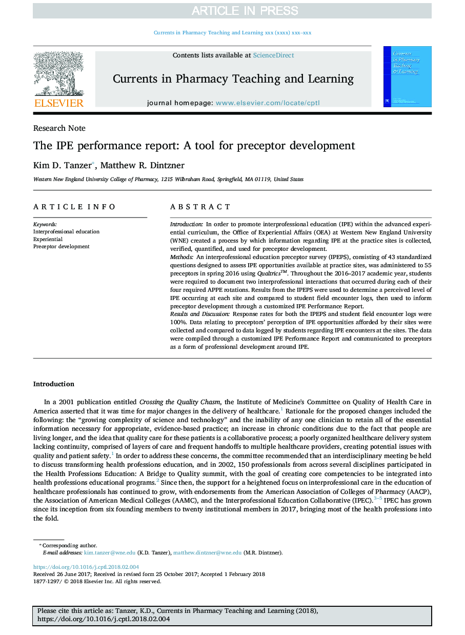The IPE performance report: A tool for preceptor development