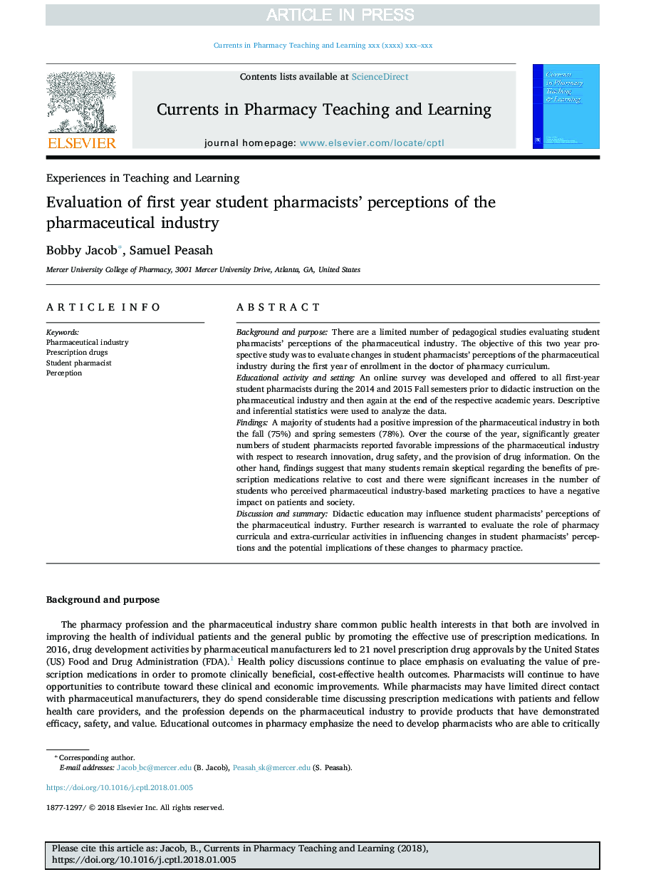 Evaluation of first year student pharmacists' perceptions of the pharmaceutical industry