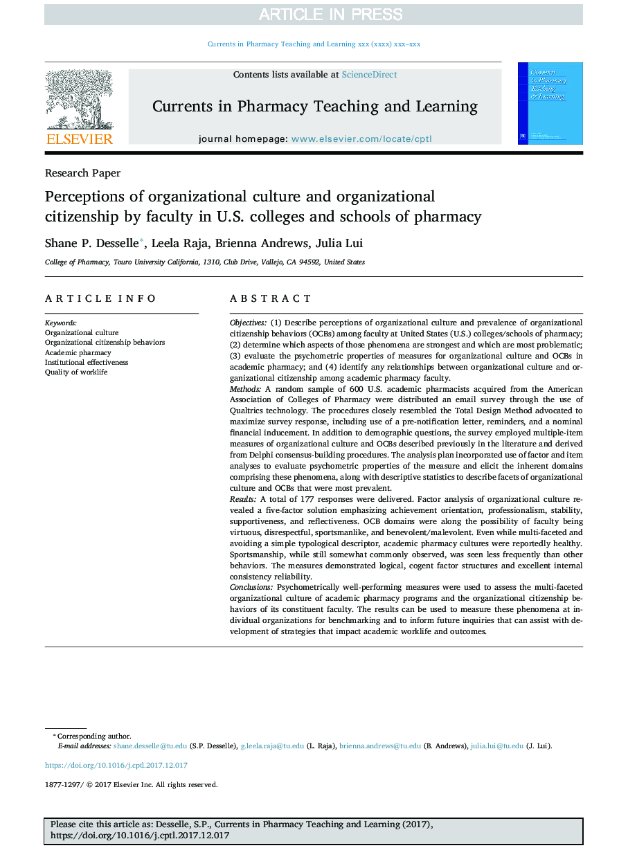 Perceptions of organizational culture and organizational citizenship by faculty in U.S. colleges and schools of pharmacy