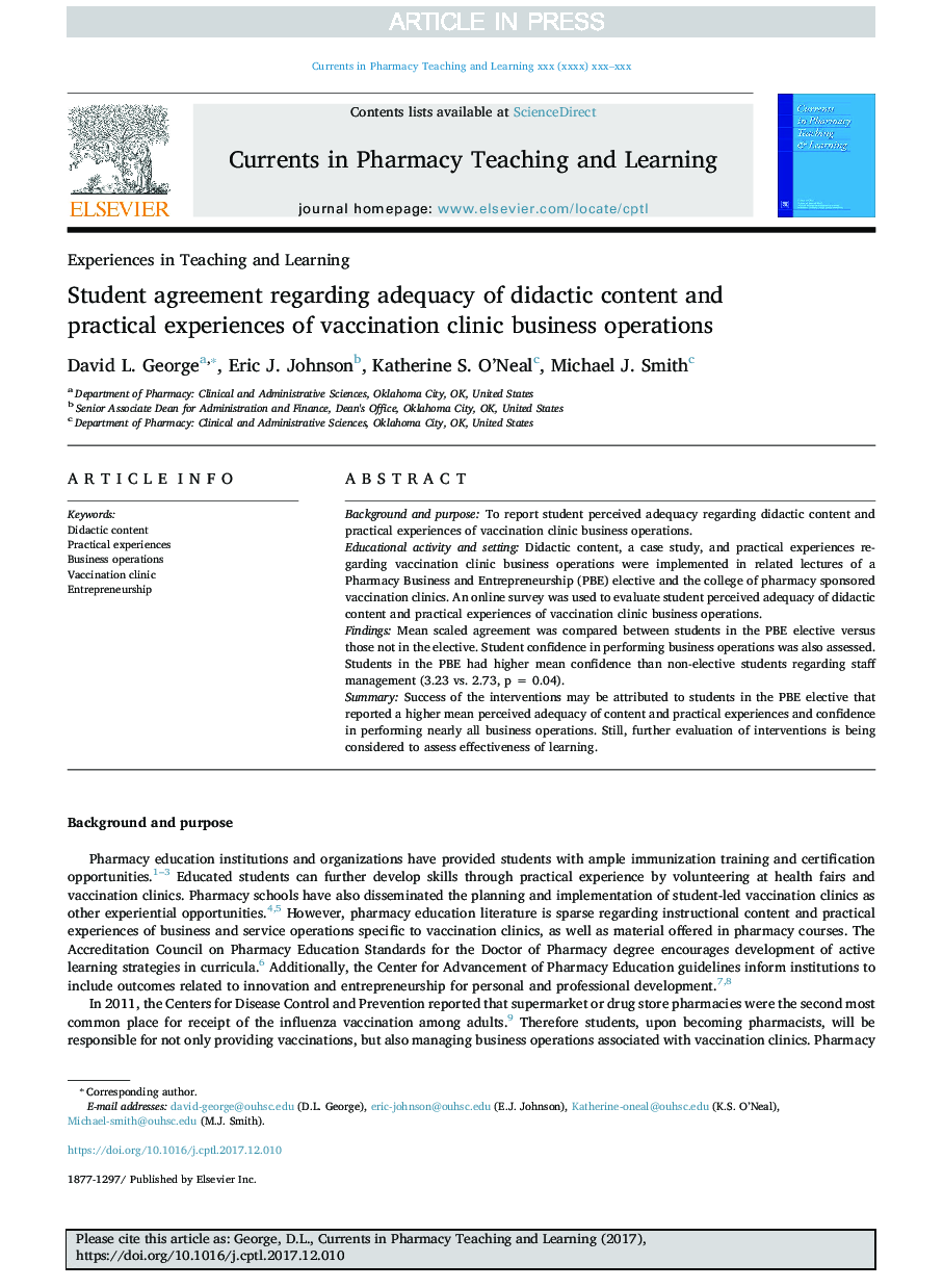 Student agreement regarding adequacy of didactic content and practical experiences of vaccination clinic business operations