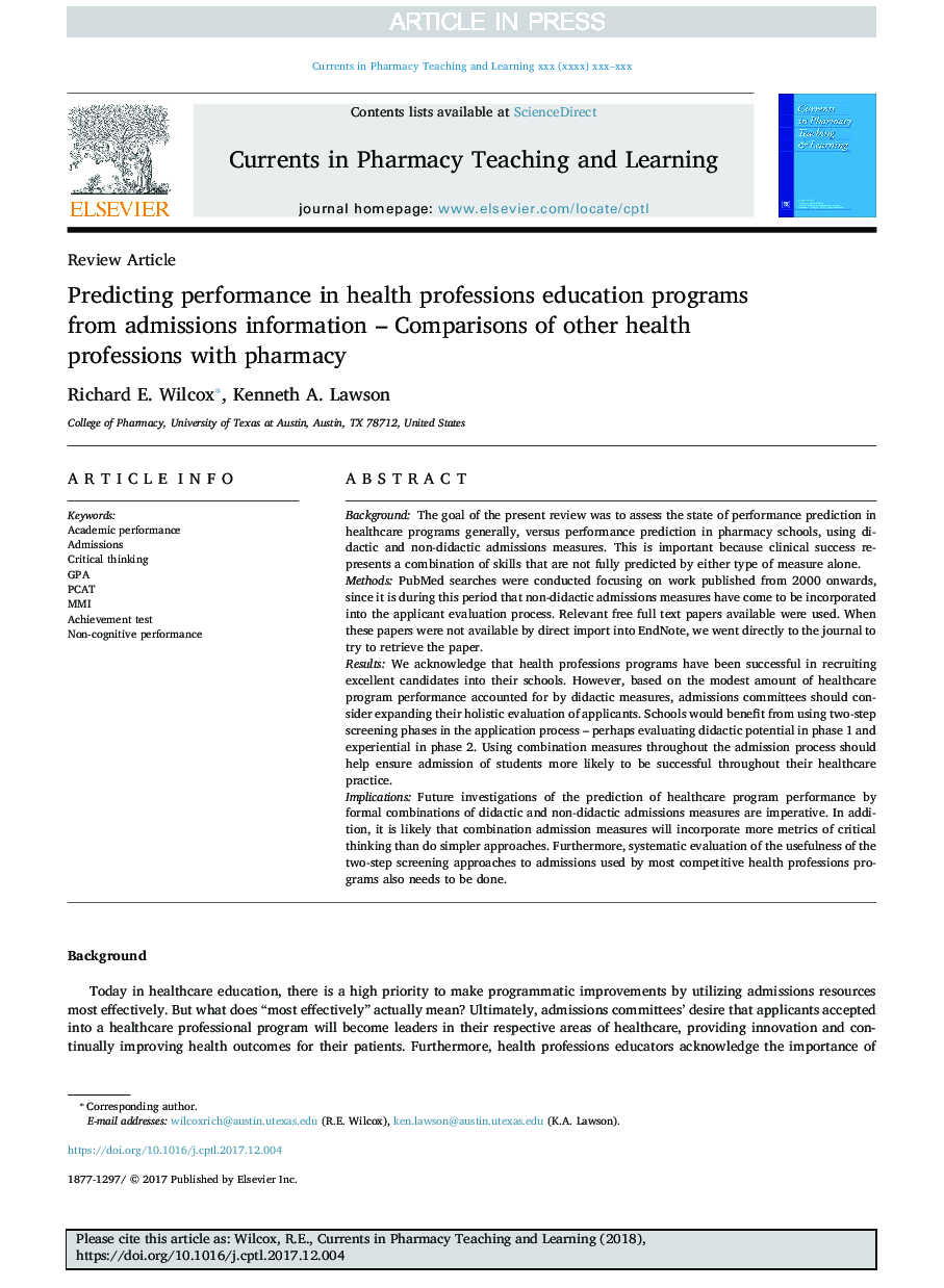 Predicting performance in health professions education programs from admissions information - Comparisons of other health professions with pharmacy