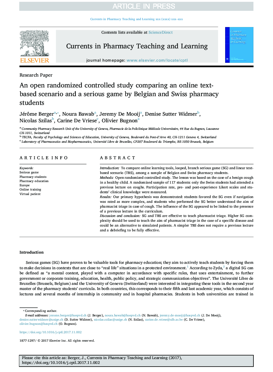An open randomized controlled study comparing an online text-based scenario and a serious game by Belgian and Swiss pharmacy students