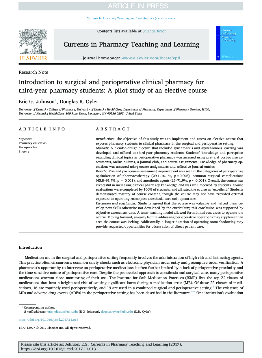 Introduction to surgical and perioperative clinical pharmacy for third-year pharmacy students: A pilot study of an elective course