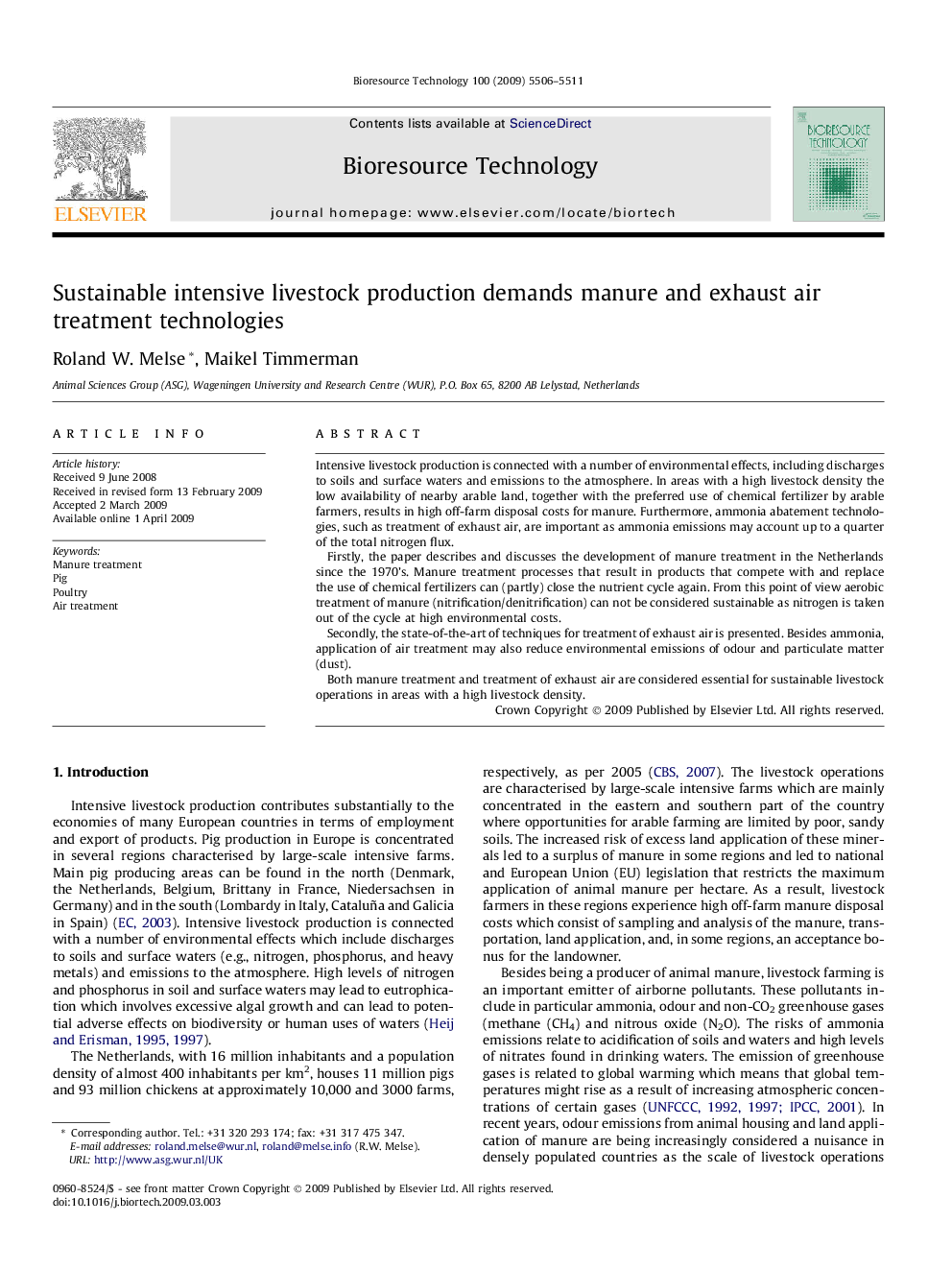 Sustainable intensive livestock production demands manure and exhaust air treatment technologies