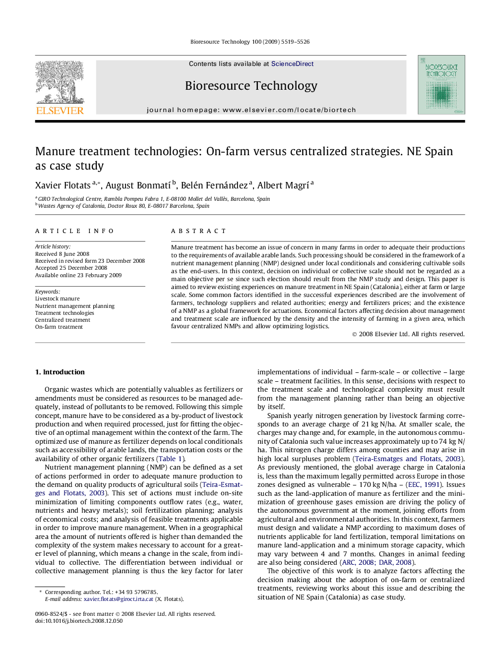 Manure treatment technologies: On-farm versus centralized strategies. NE Spain as case study