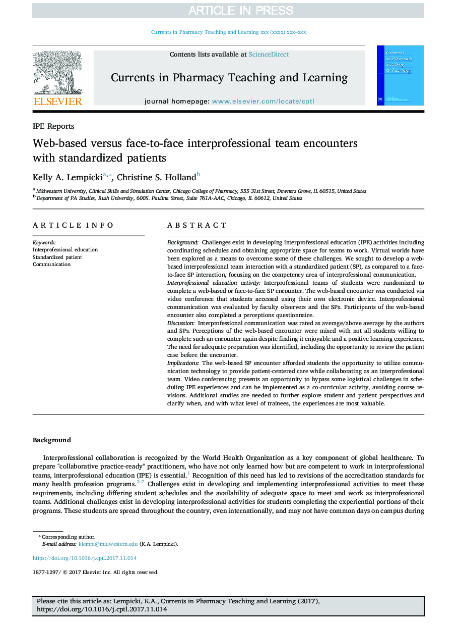 Web-based versus face-to-face interprofessional team encounters with standardized patients