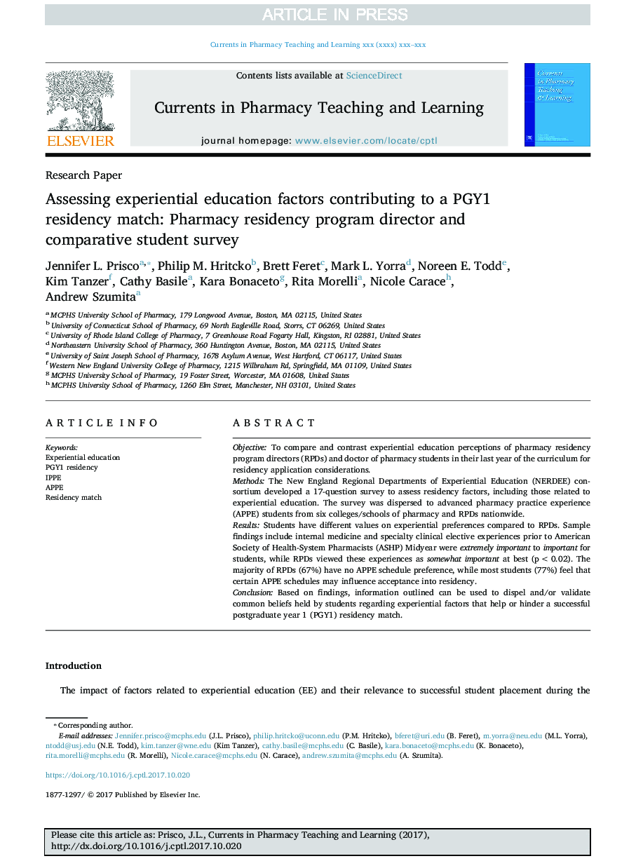 Assessing experiential education factors contributing to a PGY1 residency match: Pharmacy residency program director and comparative student survey