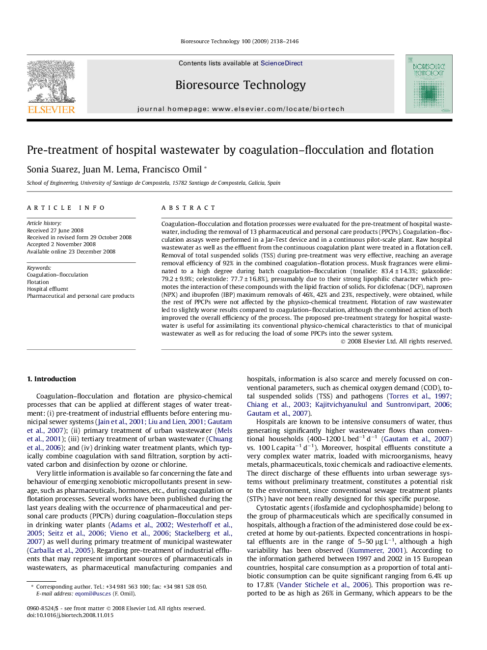 Pre-treatment of hospital wastewater by coagulation–flocculation and flotation