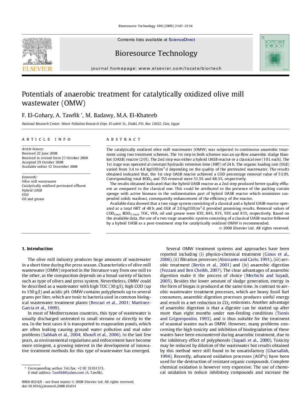 Potentials of anaerobic treatment for catalytically oxidized olive mill wastewater (OMW)