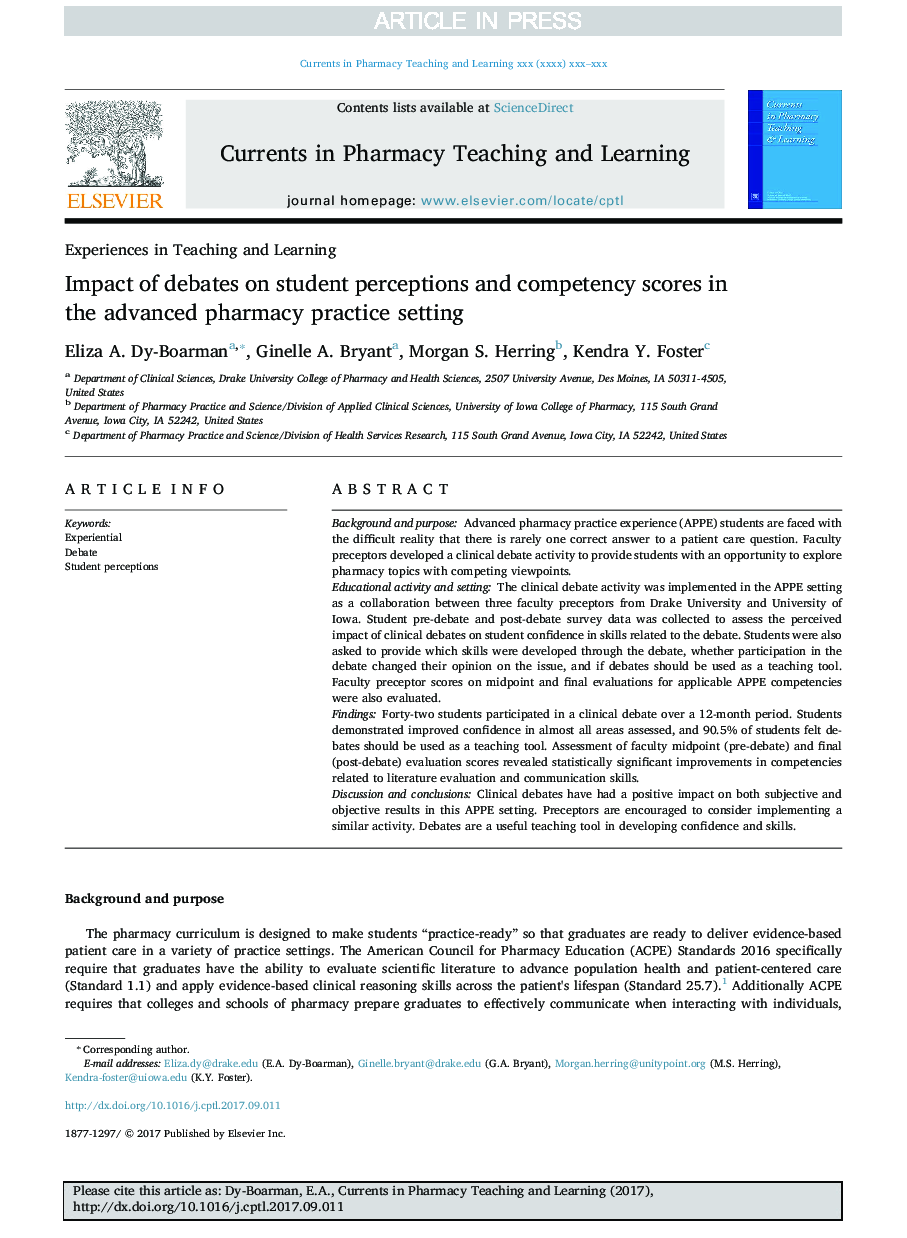 Impact of debates on student perceptions and competency scores in the advanced pharmacy practice setting