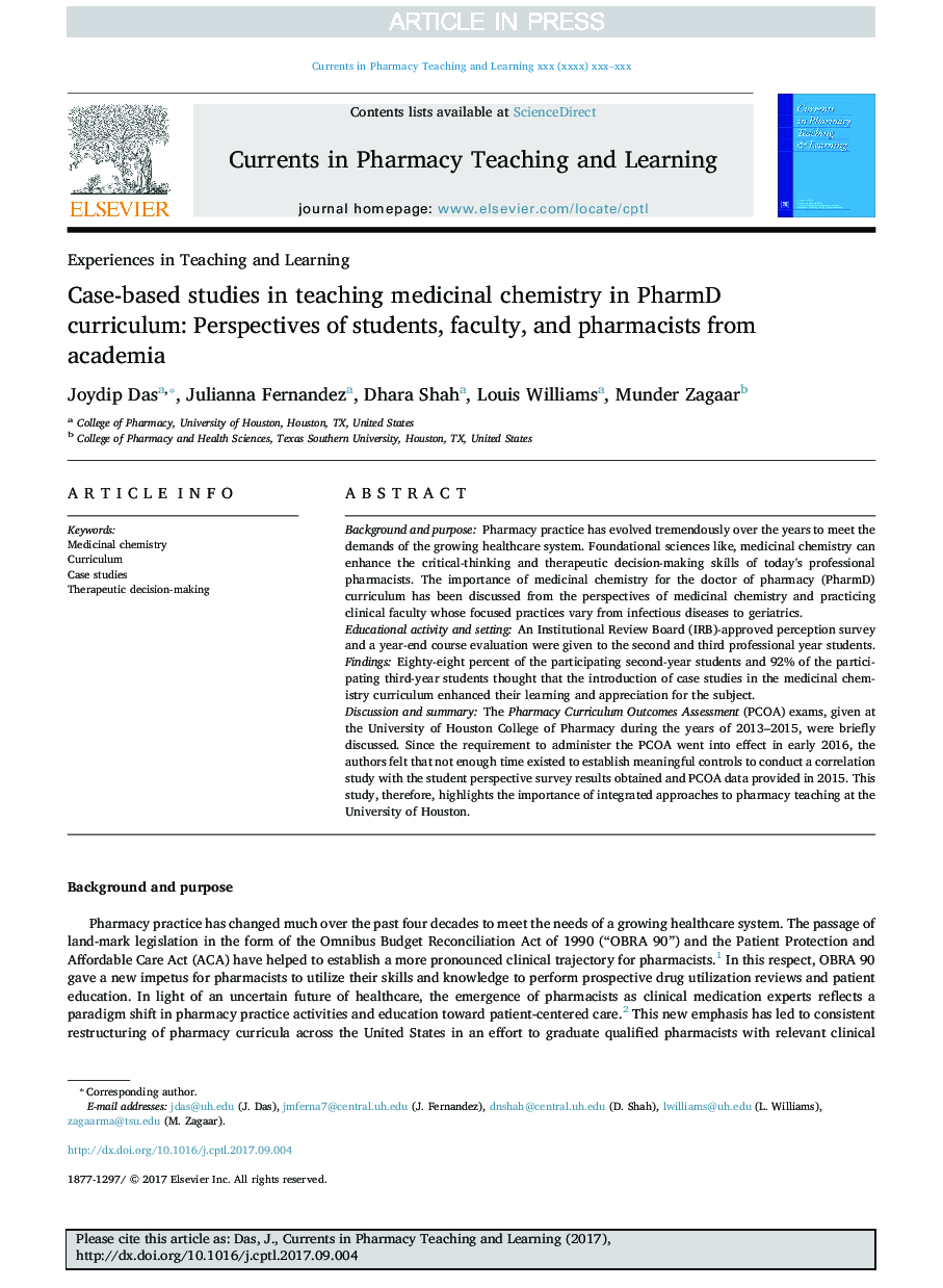 Case-based studies in teaching medicinal chemistry in PharmD curriculum: Perspectives of students, faculty, and pharmacists from academia