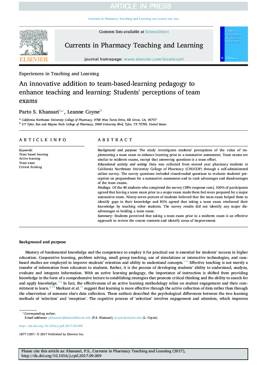 An innovative addition to team-based-learning pedagogy to enhance teaching and learning: Students' perceptions of team exams