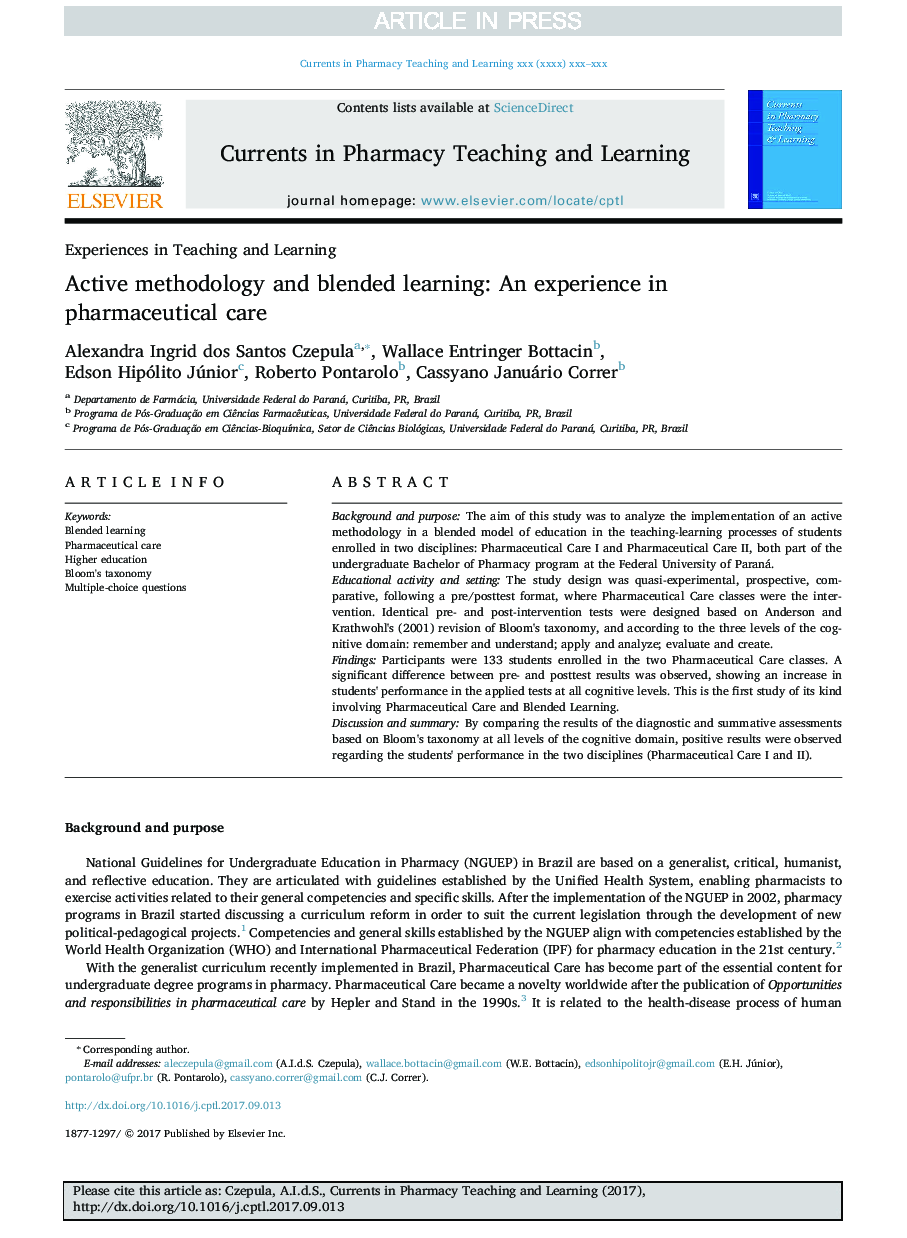 Active methodology and blended learning: An experience in pharmaceutical care