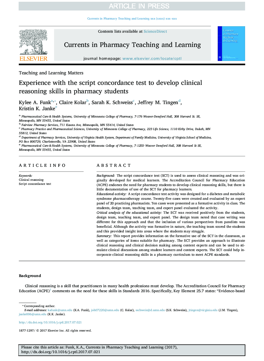 Experience with the script concordance test to develop clinical reasoning skills in pharmacy students