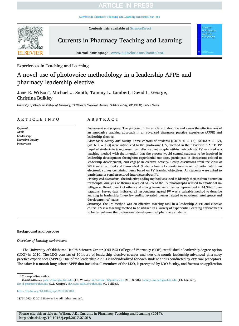 A novel use of photovoice methodology in a leadership APPE and pharmacy leadership elective