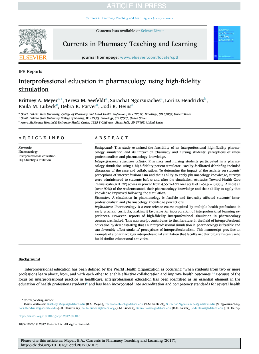 Interprofessional education in pharmacology using high-fidelity simulation