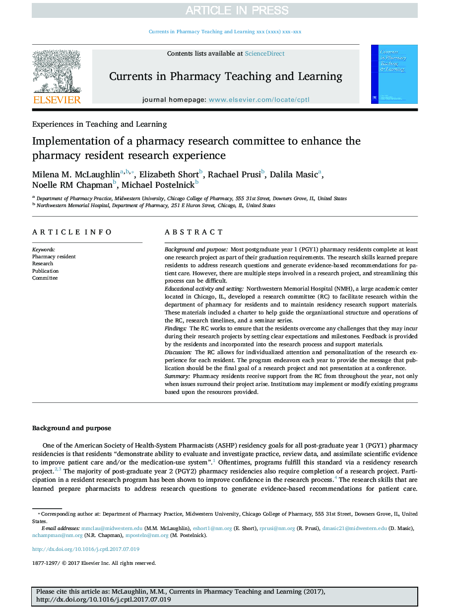 Implementation of a pharmacy research committee to enhance the pharmacy resident research experience