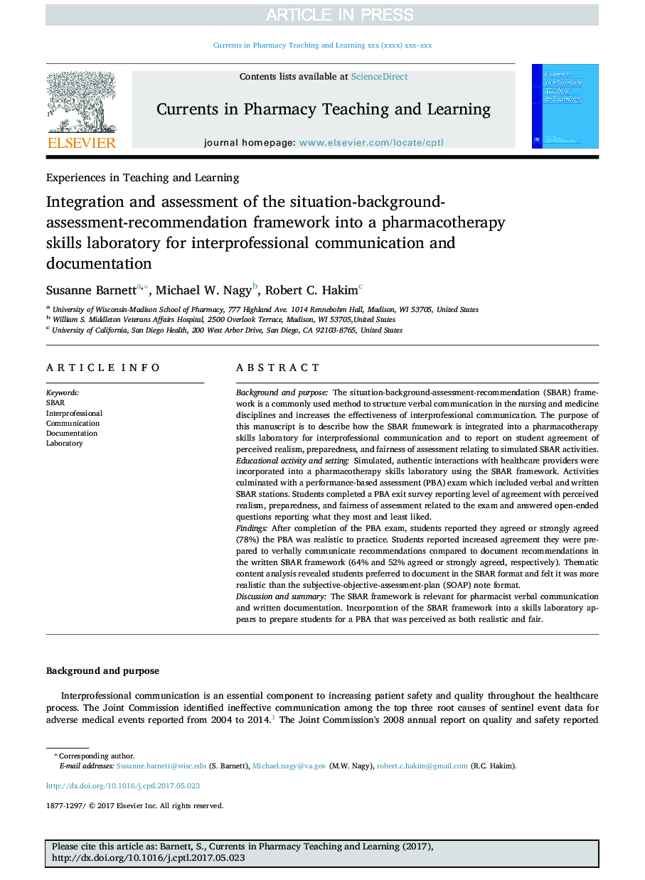 Integration and assessment of the situation-background-assessment-recommendation framework into a pharmacotherapy skills laboratory for interprofessional communication and documentation