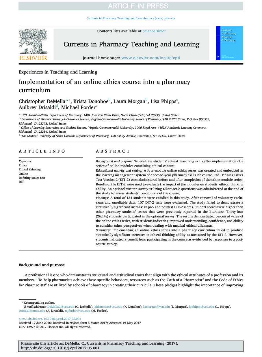 Implementation of an online ethics course into a pharmacy curriculum