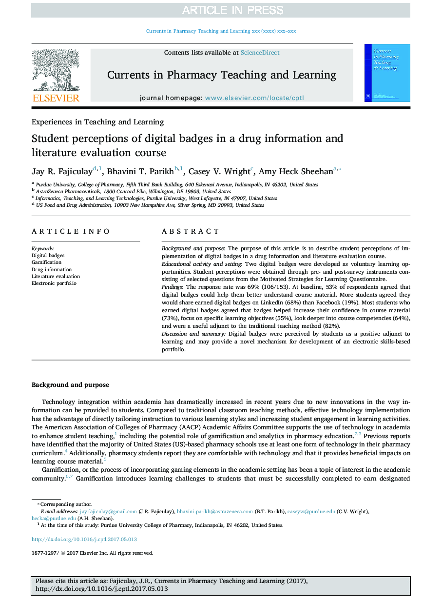 Student perceptions of digital badges in a drug information and literature evaluation course